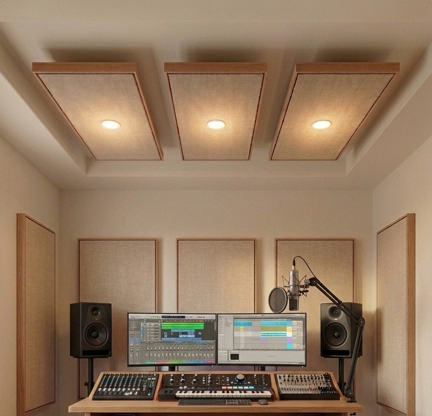 Cloud acoustic panel suspended from ceiling